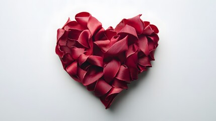 Obraz premium Textured red fabric heart crafted with ribbon layers on a white backdrop, symbolizing love, romance, and Valentine's Day with minimalist elegance