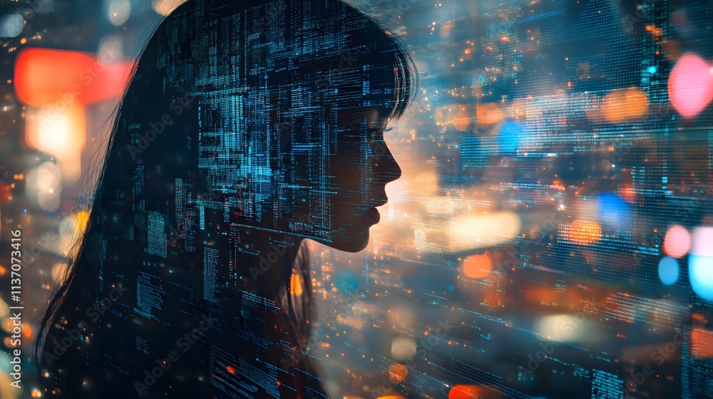 Canvas Prints silhouette of a woman with data code overlays and colorful lights in a futuristic, tech-inspired urb