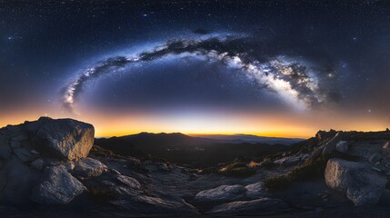 Night landscape with the Milky Way galaxy arching over rugged mountain terrain at sunrise with golden horizon glow