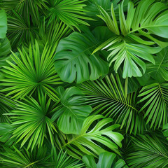 Lush green tropical leaves create vibrant and seamless pattern, perfect for nature inspired designs. This rich foliage brings refreshing touch to any project