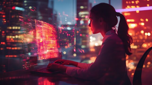 Side view of woman working on laptop with red glowing digital interface and futuristic cityscape background