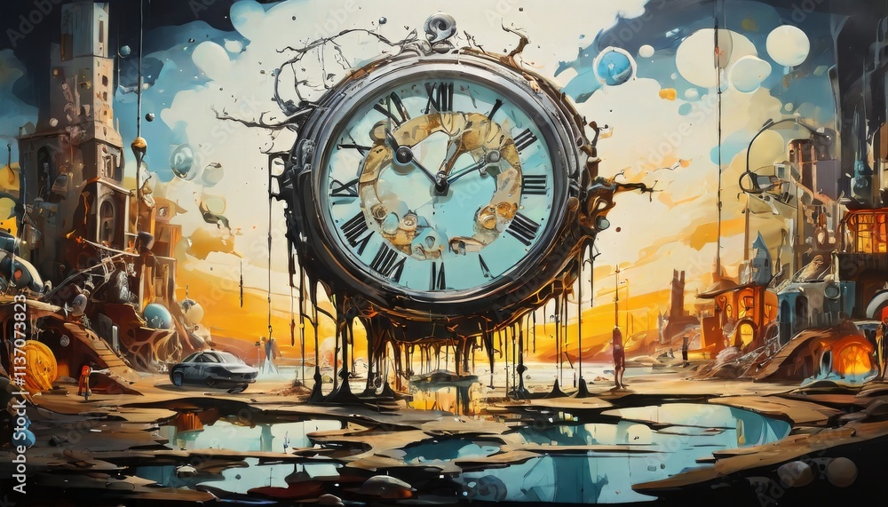 Poster A surreal melting clock dominates a fantasy landscape, where dreamlike elements blend reality with imagination. The surreal composition evokes a sense of distorted time and wonder.. AI Generation