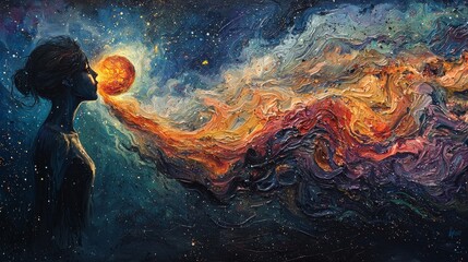 evocative exploration of soul disconnecting from body illustrated through bold strokes and vivid colors. artwork reflects intensity of emotional release and spiritual ascent.