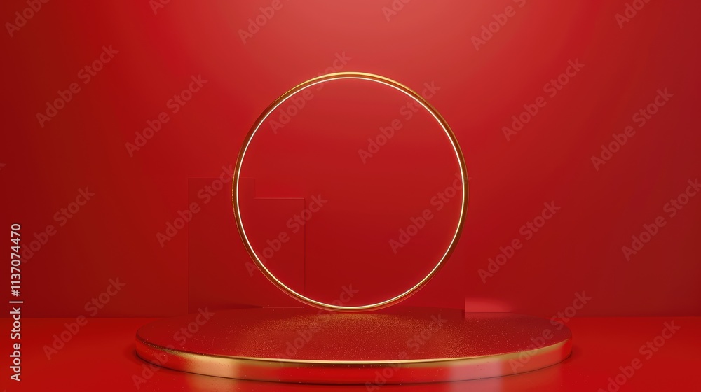 Poster a minimalistic display featuring a golden circle on a red background for product presentation.