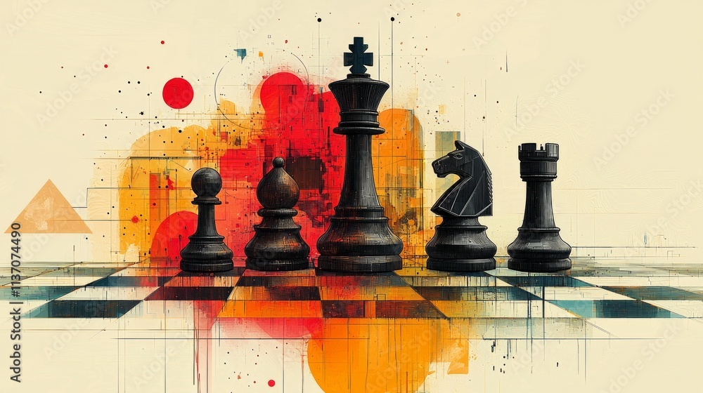 Poster abstract geometric design showcases chessboard intertwined bitcoin symbols. vivid colors and overlap