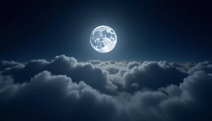 Fototapeta premium A luminous moon hangs in a dark sky, surrounded by soft clouds that create a dreamy ambiance. The scene invites quiet moments of reflection and wonder under the stars. Generative AI
