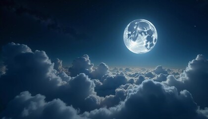 Obraz premium A luminous moon hangs in a dark sky, surrounded by soft clouds that create a dreamy ambiance. The scene invites quiet moments of reflection and wonder under the stars. Generative AI