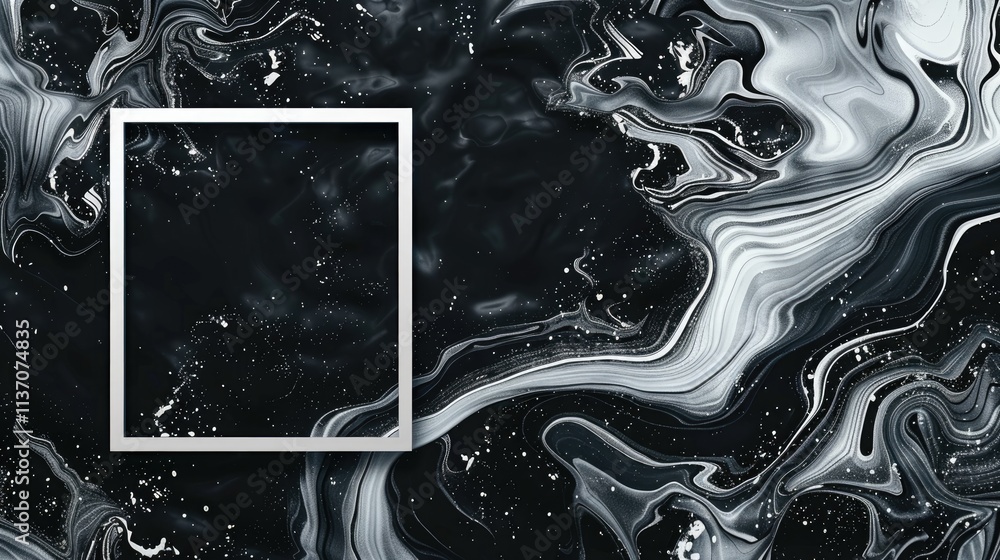 Aufkleber abstract black and white marbled background with a blank frame for customization.