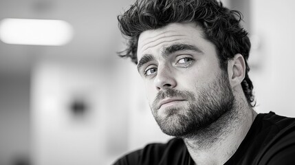 Obraz premium Pensive young Caucasian man with curly hair gazes thoughtfully, highlighting emotional depth in a monochrome setting.