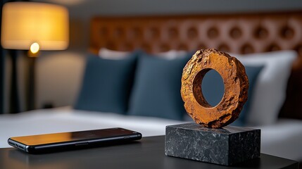 A modern bedroom featuring a unique sculpture on a nightstand beside a smartphone, showcasing elegance and style.