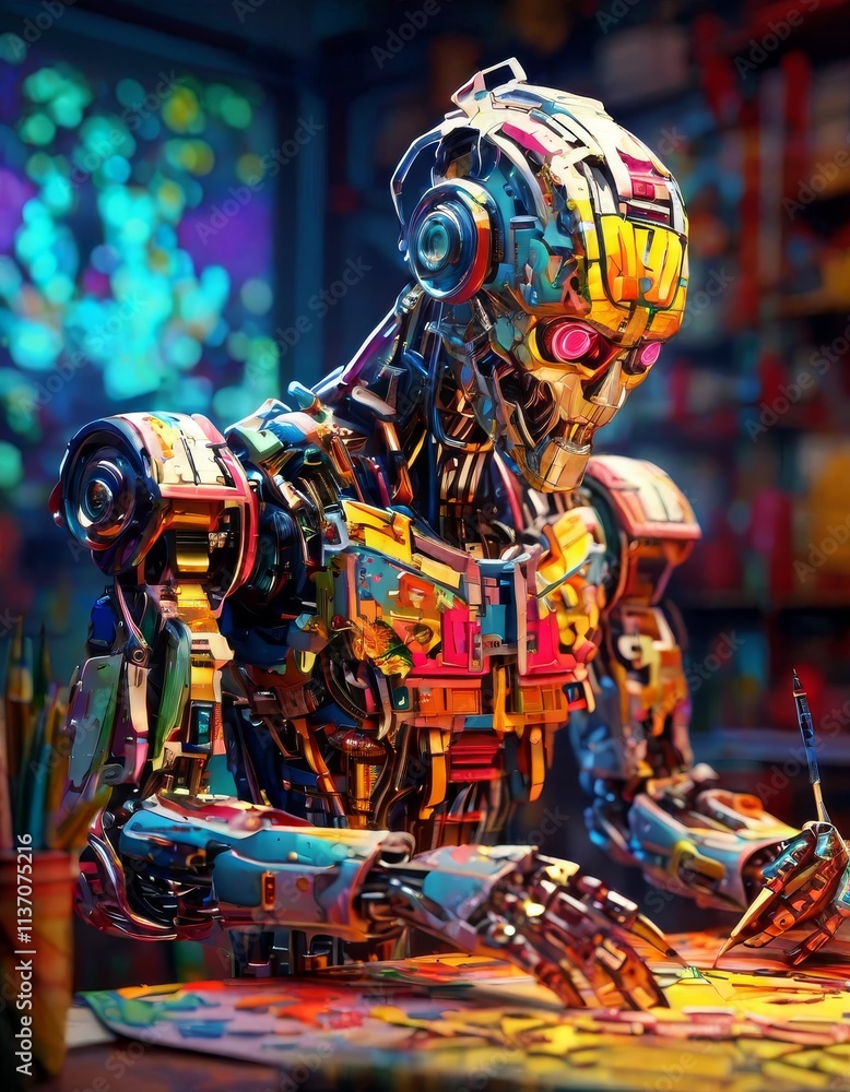 Poster a vividly colorful robot, detailed with intricate mechanical components, is focused on creating an a