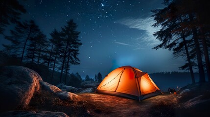 A photo of a camping tent glowing under a starry sky.