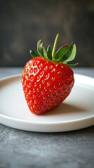 Captivating Single Strawberry on a Pristine White Plate Minimalist Photography Indoor Setting Close-Up Perspective Freshness and Simplicity