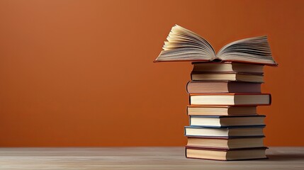 A stack of colorful books with an open book on top against a warm orange background.