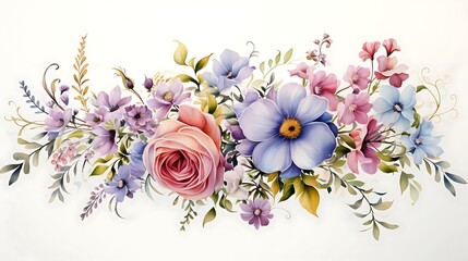 Watercolor floral arrangement with roses, anemones, and other flowers in pastel colors.
