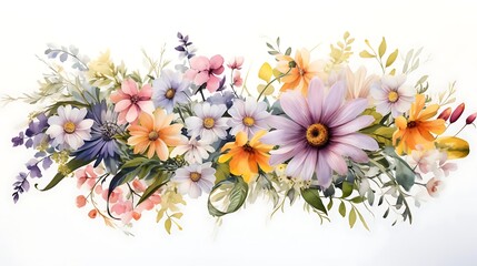 Fototapeta premium Watercolor floral arrangement with various flowers and foliage, isolated on white background.