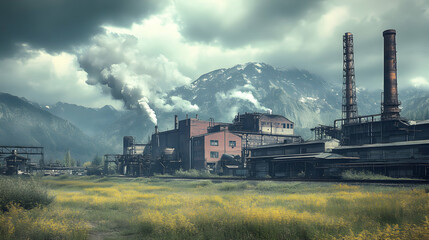 Fototapeta premium Industrial Complex Emits Smoke Against Mountainous Landscape