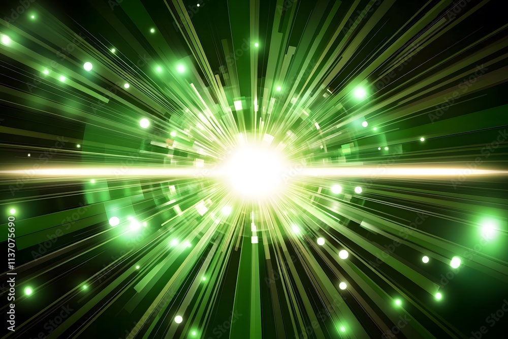 Poster bright green abstract burst with rays of light and glittering particles creating a dynamic energy fi
