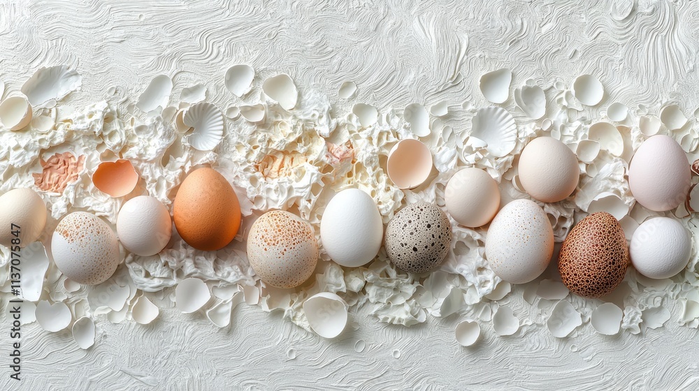 Poster scattered eggshells of diverse sizes and colors create textured pattern on clean white surface. ambi