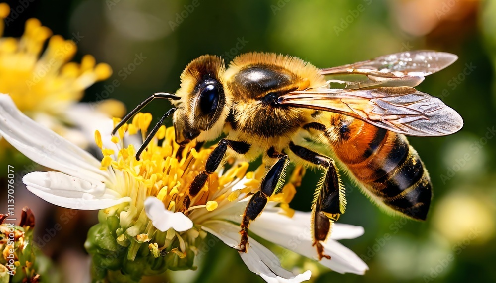 Poster detailed close-up of a bee gathering pollen from a white flower, showcasing the insect's intricate f