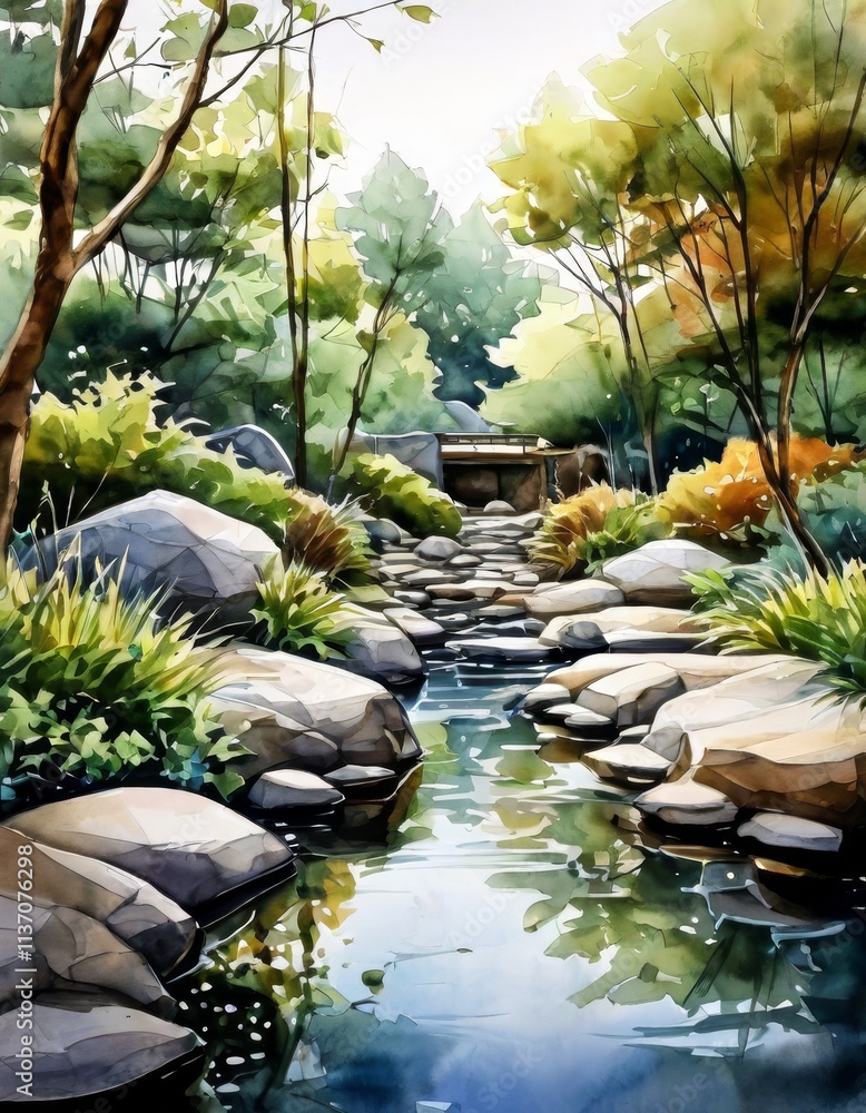 Poster a peaceful forest scene with a gently flowing creek, surrounded by lush greenery and rocks. the sunl