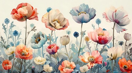 Watercolor painting of colorful poppies in a field.