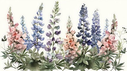 Pastel lupine flowers in a watercolor style arrangement.