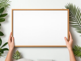 Woman holding empty frame decorated with tropical leaves on white background