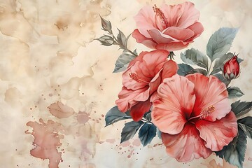 Watercolor painting of pink hibiscus flowers on aged paper background with splatters.