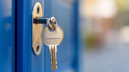 Close-up of a metal key inserted into a blue door lock, symbolizing security and access.