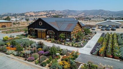 A vibrant garden center with diverse plants and a welcoming building in a scenic landscape.