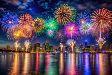 Multicolored fireworks burst over the city skyline, a breathtaking nighttime spectacle.