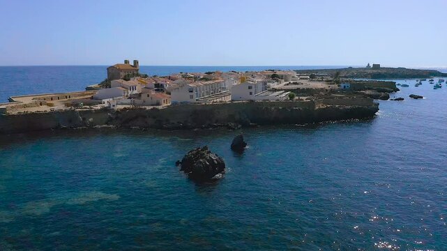 Aerial view of the antique town of the Mediterranean touristic island of Tabarca, in the Mediterranean coast, Alicante, Spain.