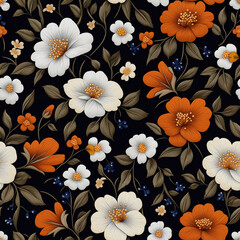 Seamless floral embroidery pattern with orange and white flowers