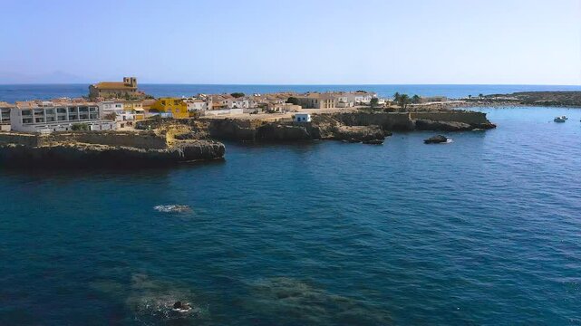Aerial view of the antique town of the Mediterranean touristic island of Tabarca, in the Mediterranean coast, Alicante, Spain.