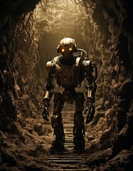 Naklejka premium A robot stands in a dark, mysterious underground tunnel, illuminated by a single light source. The scene evokes a sense of exploration, adventure, and mystery, as the robot ventures through the eerie