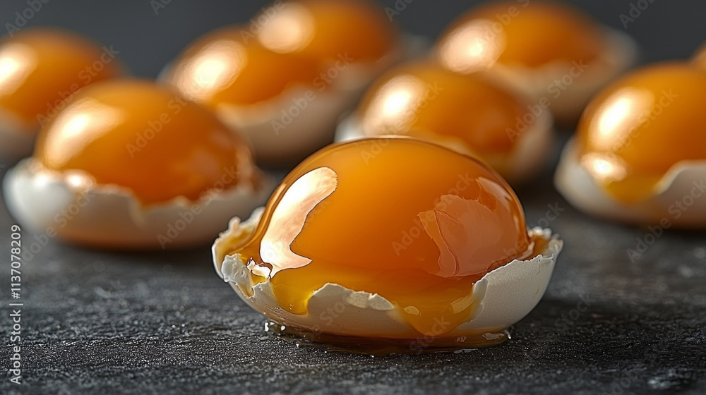 Poster raw egg yolks are elegantly arranged in small bowls and directly on surface showcasing their glossy 