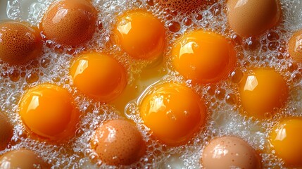 Multiple vibrant egg yolks float beautifully in transparent glass container filled clear oil showcasing mesmerizing contrast and purity soft lighting.