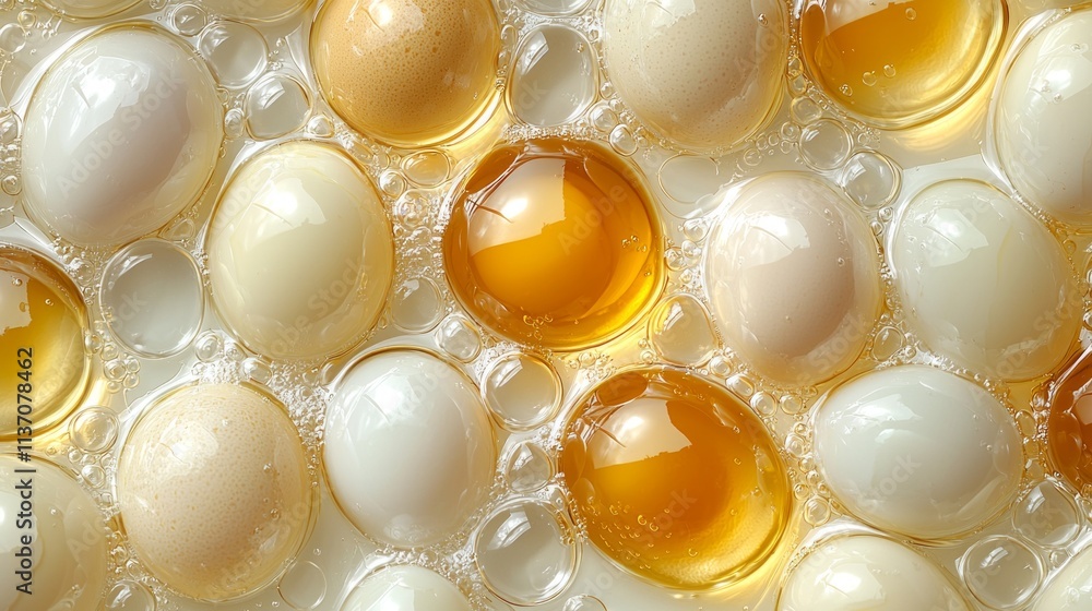 Poster multiple vibrant egg yolks float in clear oil inside glass container showcasing their shape and colo