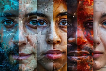Diverse faces composed of puzzle pieces, depicting different textures and elements.