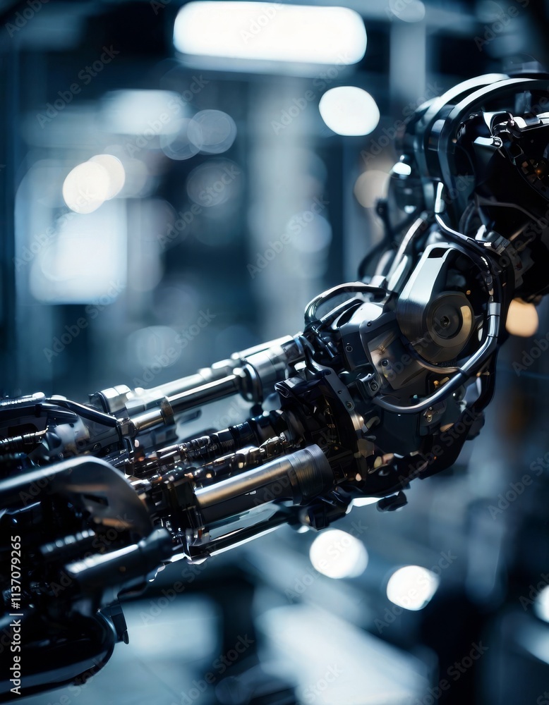 Poster a detailed close-up of a robotic arm in a modern industrial environment. the image highlights the pr