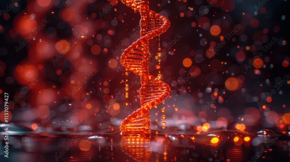 Poster a vibrant representation of a dna double helix with glowing effects and bokeh background.