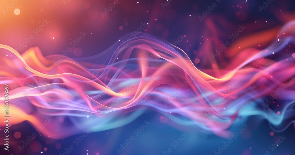 Poster abstract waves of light in vibrant colors creating a dynamic, ethereal atmosphere.