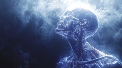 ancient statue blends life and death featuring glowing athletic figure and skeletal half enveloped in mist. Ethereal light enhances its mystical presence conveying divine protection.
