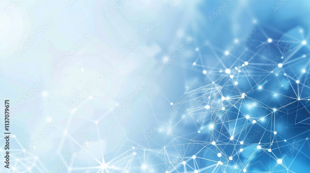 Poster abstract digital network with interconnected nodes and light effects in blue tones.