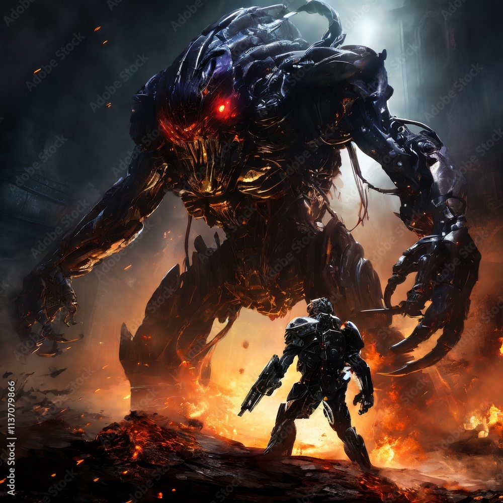 Poster a towering menacing robot faces off against a smaller, heavily armored humanoid amidst fire and dest