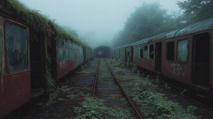 Obraz premium A train station lost in a foggy valley, with decayed trains lined up and platforms overrun by ivy and decay.