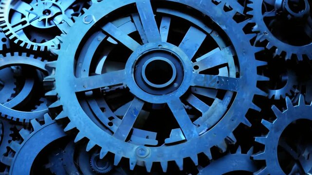 A blue gear is surrounded by other blue gears. The blue color of the gears gives a sense of unity and harmony