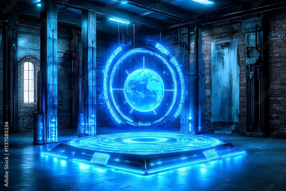Poster futuristic digital interface with holographic globe and high-tech elements in an industrial space, h