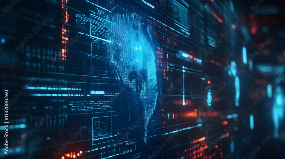 Poster futuristic digital world map visualization with data overlays and network connections in a high-tech